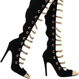 Women's black high heel pointed toe boots with  Metal Chains size 45